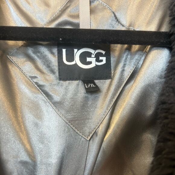 UGG Alesandra Faux Fur Wrap Coat Black Pockets Tie Waist Long Trench L / XL NWT - Picture 3 of 10